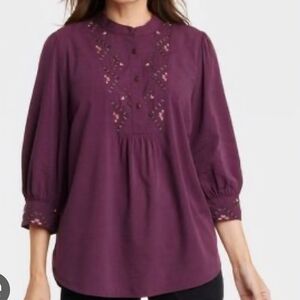 Knox Rose Blouse Women's Large Embroidered 3/4 Sleeve Half-Button Purple